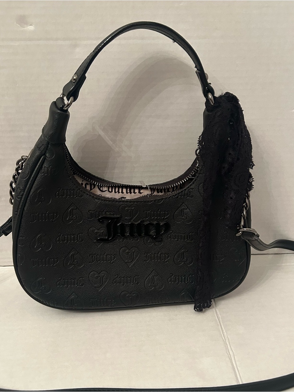 Juicy Couture Black Embossed Shoulder Bag with Chain Accent